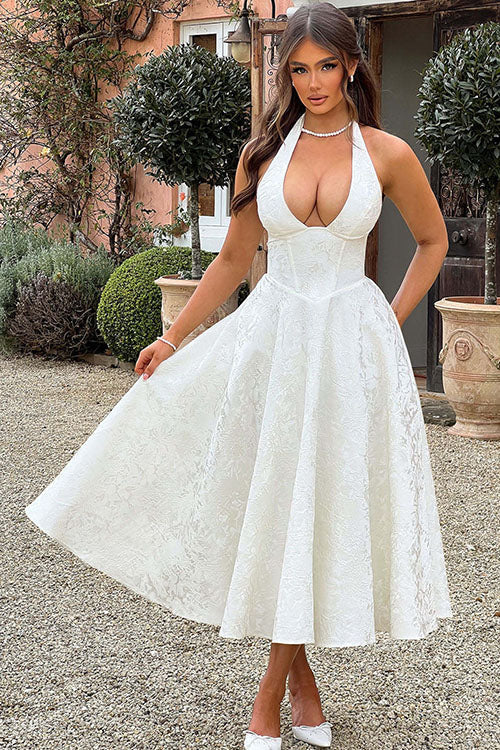 Genevieve™ | V-Neck Halterneck Sleeveless Jacquard Maxi Dress