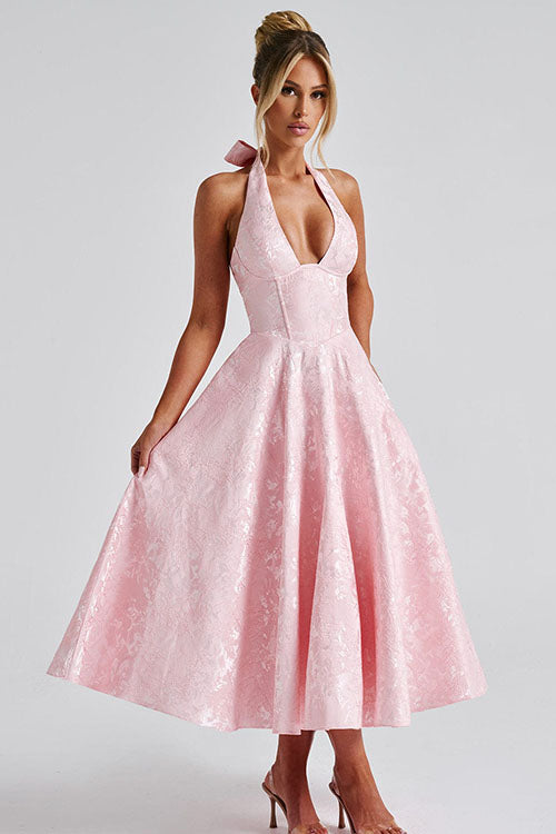 Genevieve™ | V-Neck Halterneck Sleeveless Jacquard Maxi Dress