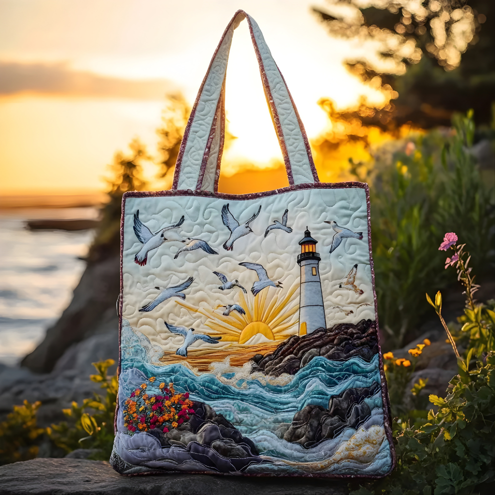 Lighthouse Sunset &amp; Seagulls | Handmade Quilted Tote